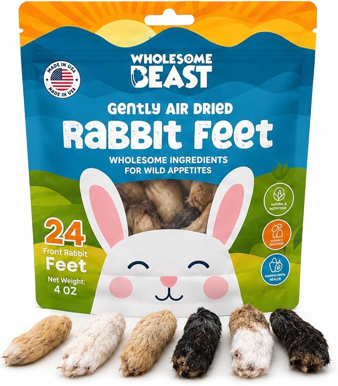 Rabbit Front Feet for Dogs – Natural Fur-On Rabbit Dog Treats, Gently Air Dried Single Ingredient Chews, High Protein Raw Feeding Snack for Small & Medium Dogs – 24 Count
