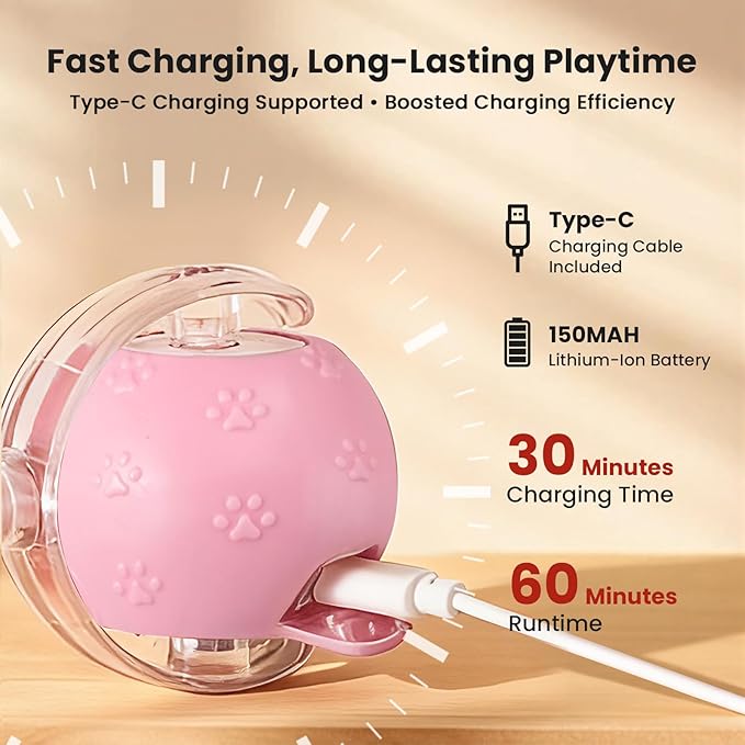 Rocfish Cat Toys, Cat Toys for Indoor Cats, Cat Toys Interactive, 360° Rotating Automatic Interactive Cat Ball, Smart Activation, LED Light, Type-C Rechargeable, 3 Replaceable Dragonfly Tails (Pink)