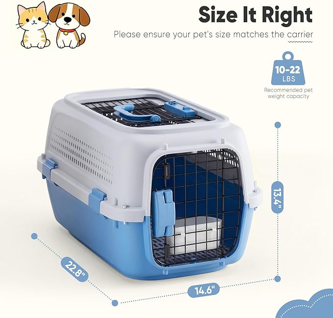 DUMOS 23" Hard-Sided Pet Carrier for Small Dogs & Cats, Airline Approved Travel Crate with Enhanced Security Latches, Front & Top Load Wire Door, Food Bowl for Traveling, Hiking, Camping, Blue