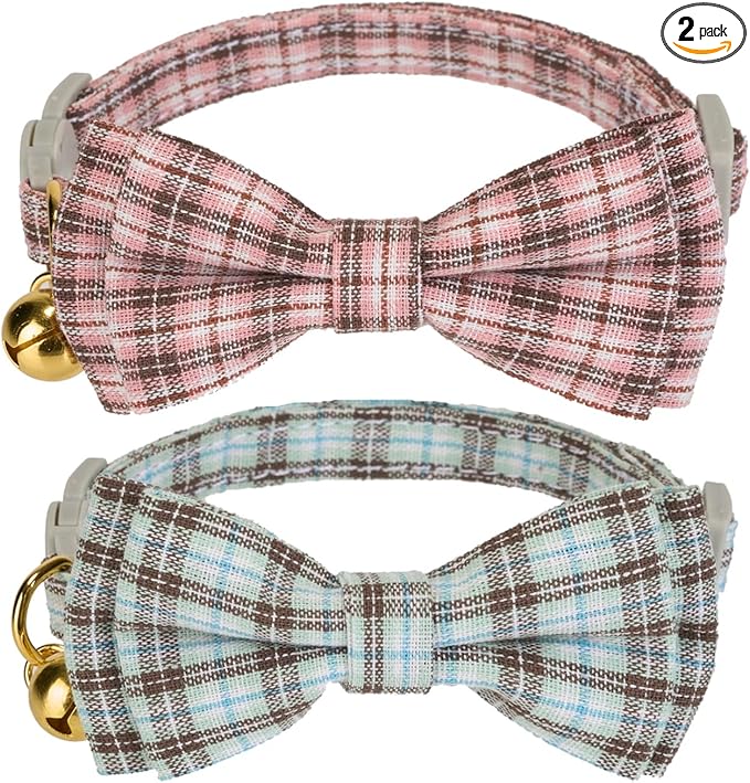 2 Pack Soft Cotton Cat Collars with Bowtie and Bell Breakaway Plaid Cat Kitten Collar(Pink and Jade Green)