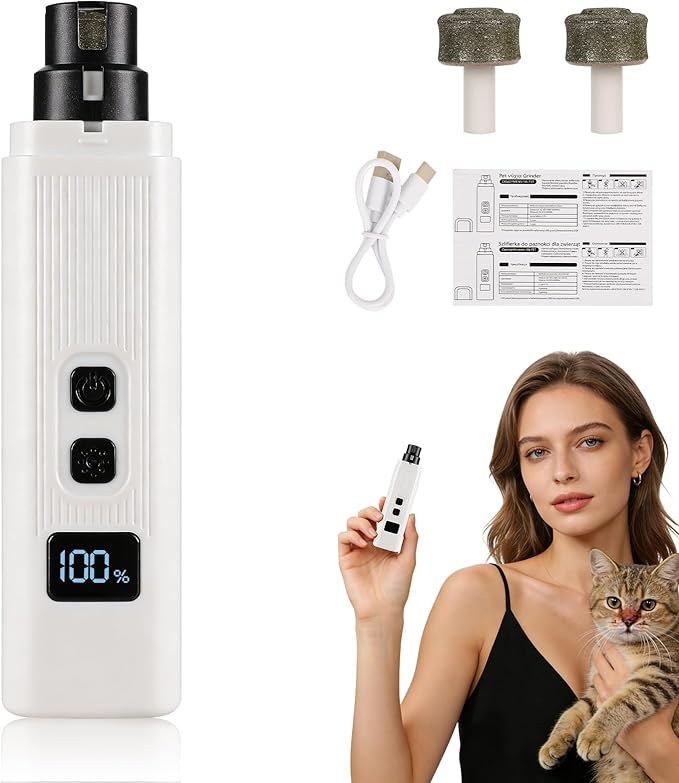 Cat Nail, Safe Cut Cat Nail Trimmer, Nail Trimmer, Two Adjustable with 360° Grinding Settings, Low-Vibration Ultra-Quiet Under 40dB, Easy to Clean, Powerful Enough, Suitable for Cats and Dogs (White)