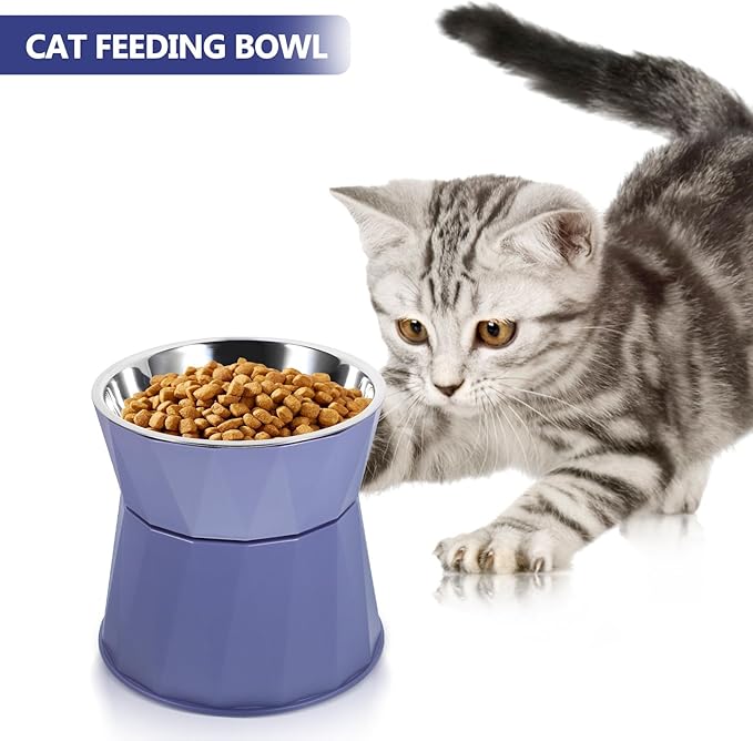 Kisangel Elevated Cat Bowl Adjustable Raised Pet Feeder with Non-Slip Support Stand in Blue for Indoor Cats Feeding and Watering