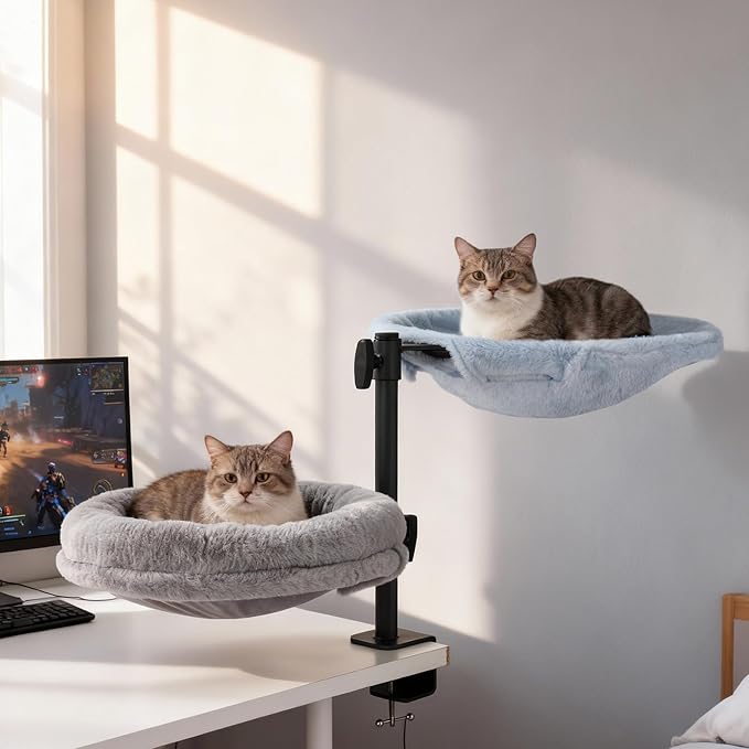Odoland 2 in 1 Cat Desk Bed - Cat Hammock for Home Workers - 360 Rotating Adjustable Heigh Desktop Perch Clamp with Replace Mattress - Max Weight 80LBS for Kitten Adult Cats Small Pet