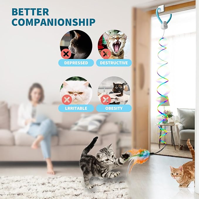 Smart Automatic Door Hanging Cat Toy for Indoor Cats - Electric Interactive Feather Wand, Mouse & Worm Set, 360° Rotating, Type-C Rechargeable, Quiet Self Play Enrichment for Bored Kittens