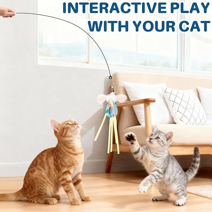 Walfront Interactive Cat Toys with Sky Blue and Pink Flower Suction Base, Indoor Cat Toy for Overweight or Inactive Cats, Multi Cat Homes, Boosts Activity, Self Play and Interactive Fun