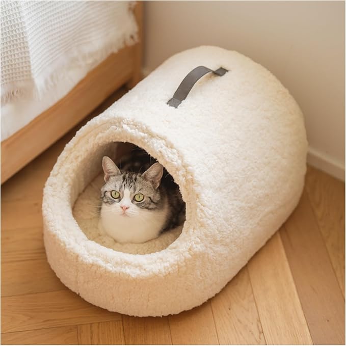 Cat Sherpa Cradle Cave, Plush Snuggle Winter Portable Warm Nest with Handle, Foldable Travel-Friendly Bed for Car and Home (Snow)