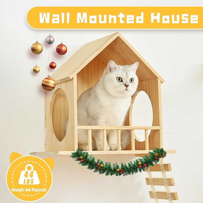Cat Wall Shelves 9pc with 2 Wooden Condos, Wall Mounted Cat Furniture for Large Cats, Cat Climbing Wall Perch with Scratching Posts, Space Saving Cat Activity Tree