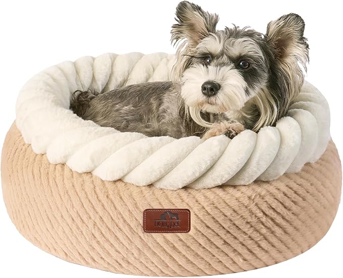 Hollypet Cat Bed for Indoor Cats Kitty Beds, Round Washable Fluffy Small Dog Bed, Soft Cozy Plush Pet Beds for Puppy and Kitten with Non-Slip Bottom (20" D * 8" Th, Oatmeal)