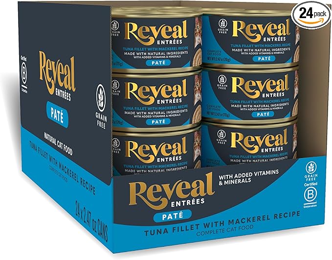 Reveal Entrées Natural Wet Cat Food Paté, Grain-Free with Added Vitamins & Minerals, Carrageenan-Free and High Protein, Tuna Fillet with Mackerel Paté Recipe (24 x 2.47 oz Cans)