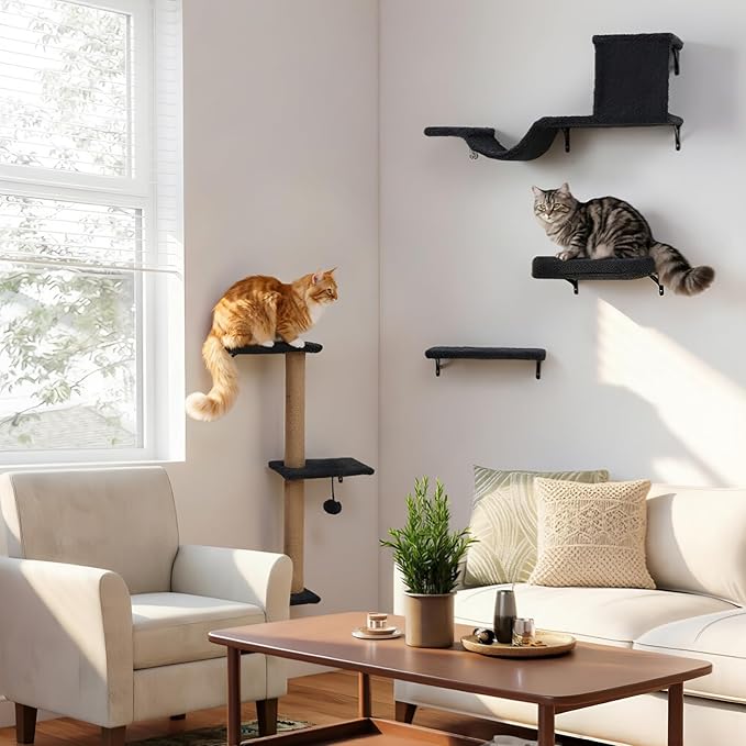 5-in-1 Cat Wall Shelves for Indoor Cats, Wall Mounted Cat Furniture with Bed, Cave, Scratching Post & Perch, Multi-Level Cat Climbing Wall, Space Saving Floating Cat Shelves (Natural Wood Darkgrey)