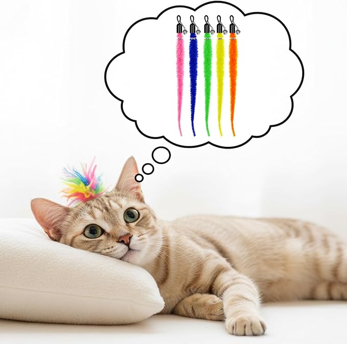 25 Pcs Cat Worm Toy Replacement Teaser with Bell, Colorful Fuzzy Worms Interactive Cat Wand Attachment Toys Cats Wand Toys for Indoor Cats Kitten Play Exercise