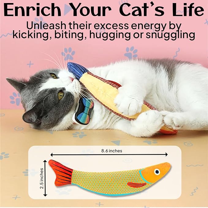 Fish-Shaped Cat Toys – Soft Plush Chew Toys for Indoor Cats, Durable Kicker Toys for Interactive Play, Promotes Exercise and Mental Stimulation – 3 Pack