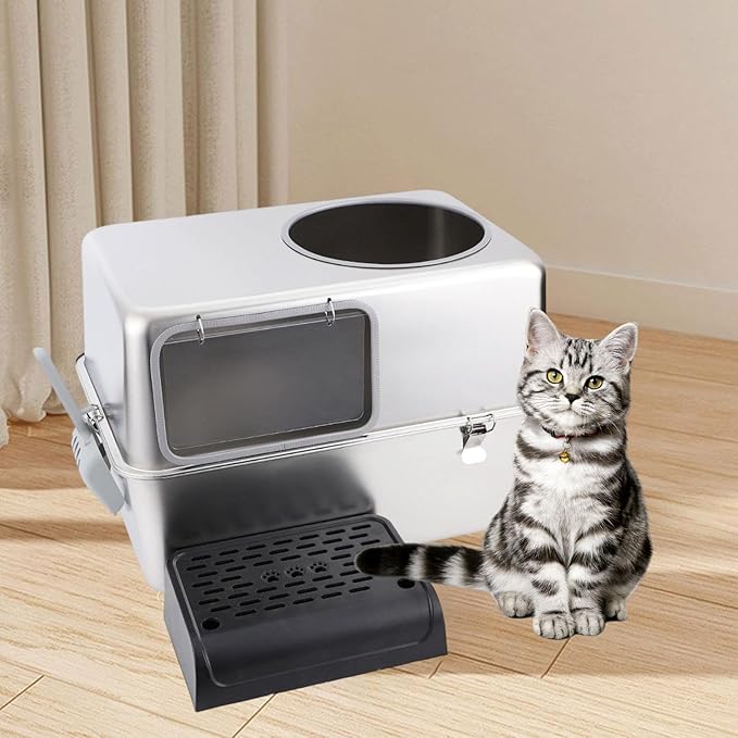 Hooded Cat Litter Box with Lid & Front Door Flap Stainless Steel Portable Pet Litter Tray Kitten Potty- with Pedal