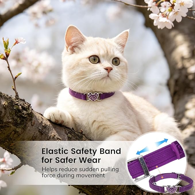BINGPET Diamond Cat Collar,Adjustable Soft Velvet Leather Safe Kitten Collar with Crystal Heart Charm and Bells,Girl Boy Bling Stylish Cat Collars with Safety Elastic (Purple, Neck Girth 8"-10")