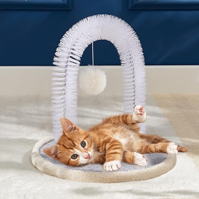 Cat Arch Self Groomer with Cat Toy Ball Cat Arch Scratcher Cat Hair Brush Cat Brush Arch Grooming Supplies Kitten Hair Massaging Brush with Dangling Ball