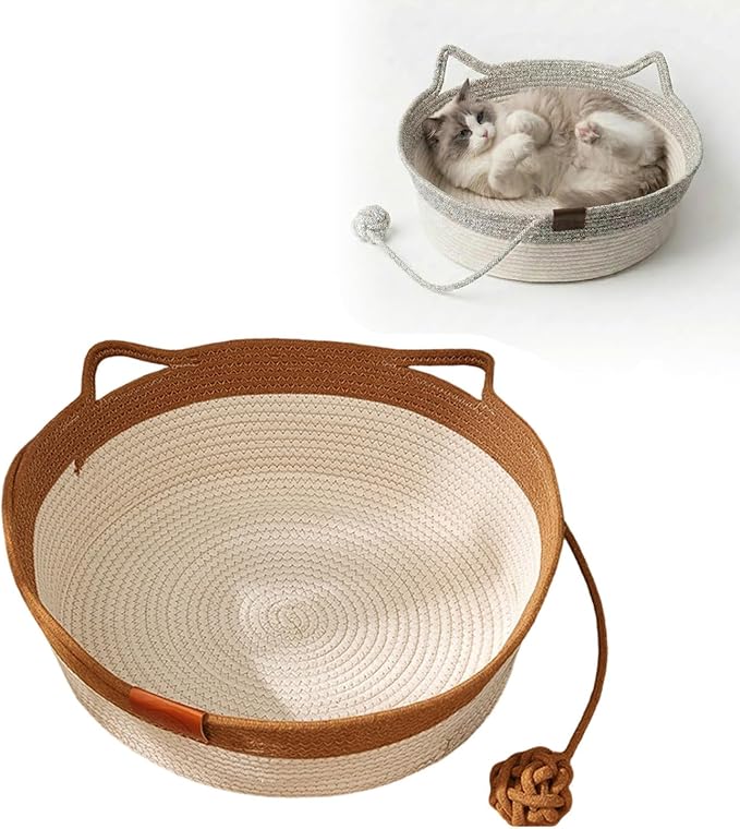 Stimulicat Hand Woven Cotton Rope Cat Bed Basket with Scratching Pad and Ball, Round Boho Pet Nest for Indoor Cats and Small Dogs, Natural Breathable, All-Season (Orange, Small)