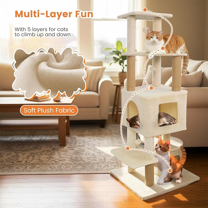 Tangkula 64 Inch Tall Cat Tree, Multi-Level Cat Tower with 2 Large Condos, Jute Scratching Posts, Plush Top Perch, Dangling Toys, Cat Climbing Furniture for Indoor Adult Cats & Kittens (Beige)