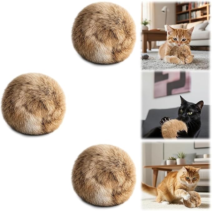 3 PCS Fake Rabbit Fur Ball Cat Balls, Fake Rabbit Fur Balls for Indoor Cats, Cat Kick Balls for Bunny Kicks and Interactive Play, Multi-Cat Household Rotation for Cats with Spiritual Motivation