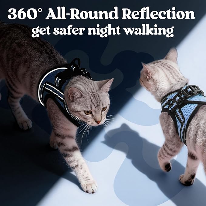 rabbitgoo Cat Harness and Leash Set for Walking Escape Proof, Adjustable Soft Kittens Vest with Reflective Strip for Cats, Comfortable Outdoor Vest, Light Blue, M
