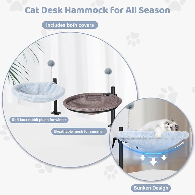 Odoland Cat Desk Bed, 360° Rotatable Adjustable Height Cat Hammock Bed for Home Office, Comfortable Soft Desk Kitten Nest with 2 Washable Fabrics for All Seasons