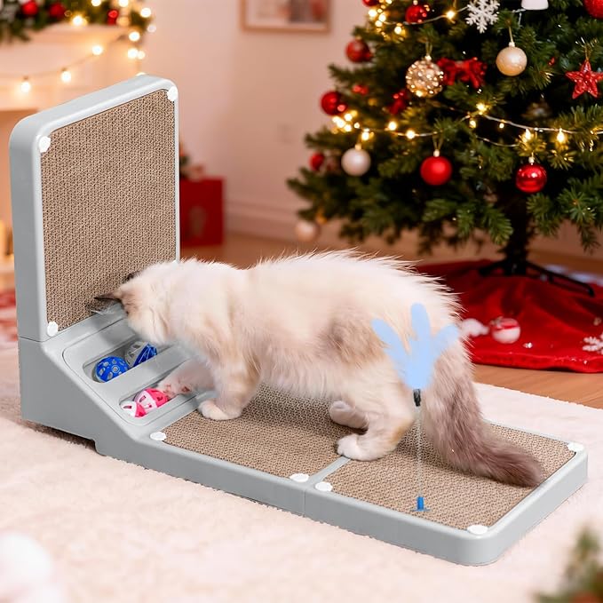 Goosheep Cat Scratching Board Cat Scratching Post,2-in1 L Shaped Cats Cardboard Scratcher with Box, Kitten Scratcher Ball Wall Scratchers Pad for Indoor Cats Grey