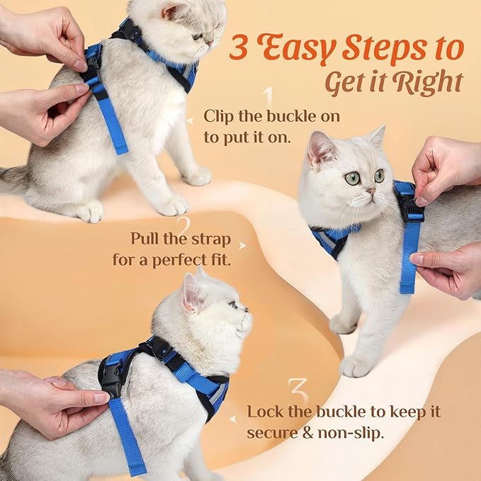 Dooradar Cat Harness and Leash Set, Escape Proof Soft with 3 Adjustable Buckles, Comfortable Vest Easy to Wear Kitten Harness with Reflective Strip, Safe for Outdoor Walking, Royal Blue, M