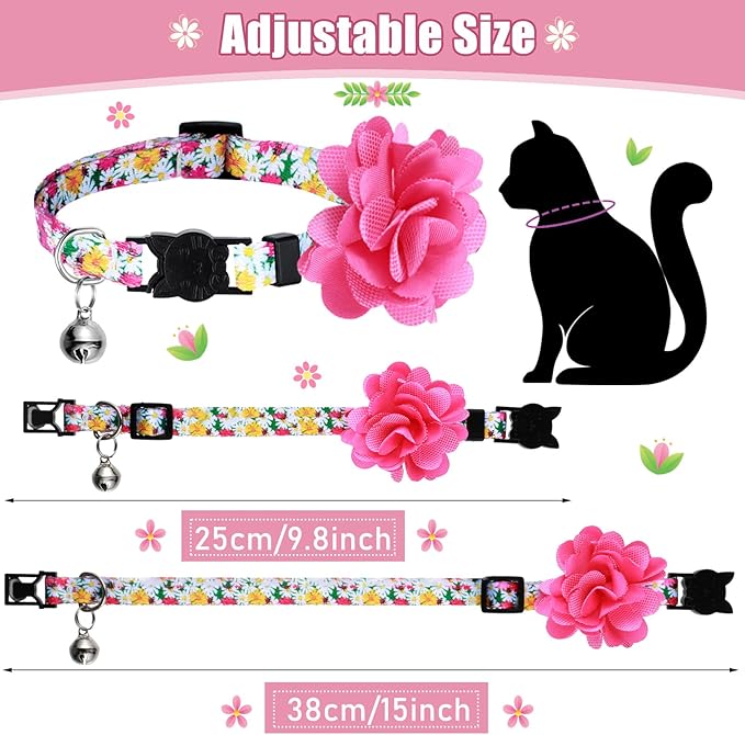 Saintrygo 8 Pack Spring Flower Cat Collars Breakaway with Bells Floral Safety Cat Collar Buckle Cute Cats Kitten Collar Gift for Girl Boy Cats Colorful Adjustable Pet Supplies Daily Decoration(Medium)
