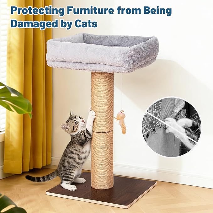 Cat Scratching Post, Retro-Style Tall Cat Scratcher Tower with Removable Gray Fluffy Cusion Perch, Natural Pine & Sisal Cat Scratcher for Indoor Cats, Medium