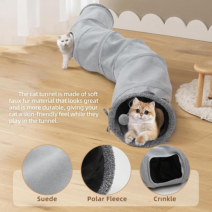 Pet Cat Tunnel Tube Cat Toys 2 Way Collapsible, Tunnels for Indoor Cats,S-Shaped Play Tube with Peephole and Hanging Ball,10.5" Maze Cats House for Puppies, Rabbits, Kitty, Kitten,Ferrets