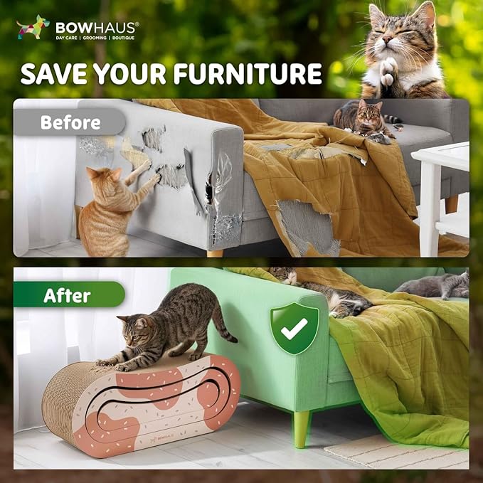 BOWHAUS 3 in 1 Cat Scratch Board, Cat Scratcher Lounger for Indoor Cat, Cardboard Cat Scratcher, Durable & Long-Lasting Infinity Cat Scratcher, Reversible Scratching Pads for Protecting Furniture