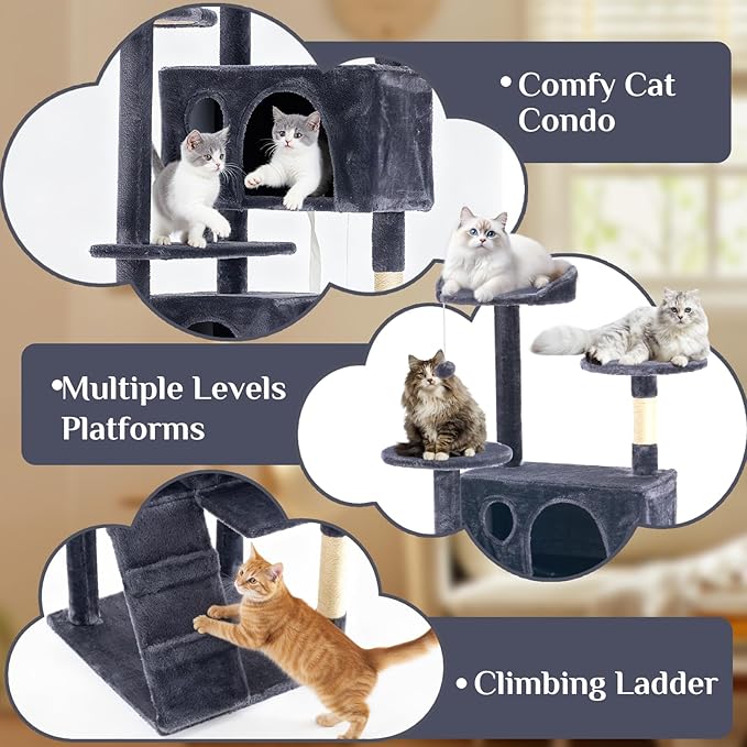 DUMOS 62-inch Indoor Cat Tree Tower –Multi-Level Pet House for Large Cats with 2 Condos, Scratching Posts, Round Platform, Small Ladder, and Toys, Grey