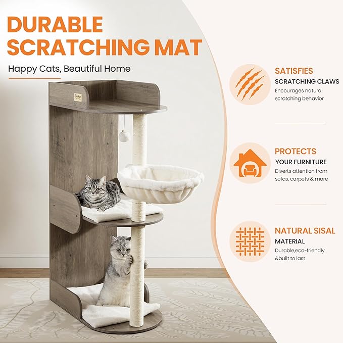 Modern Wood Cat Tree Tower for Indoor Large Cats, Cat Scratching Posts with Big Perch Bed, 44.8" Tall Multi-Level Wooden Cat Condo with Hammock, Removable Pads, Kitty Furniture, Greigy