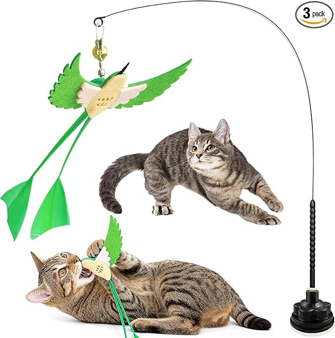 Cat Toys Interactive Teaser Wand, Long-Tailed Bird Attachment with Black Petal Suction Cup Base, Feather & Bird Toy for Solo Play, Encourages Physical Activity & Bonding Time for Cats & Kittens
