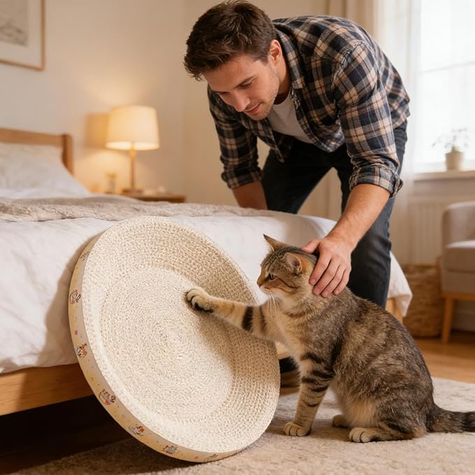 Cardboard Cat Scratcher - Protects Furniture & Soothes Your Cat | Oval/Round Scratching Pad with Non-Slip Bottom | for Indoor, Apartments, Living Rooms, Durable Cardboard, Cats Bed & Toy