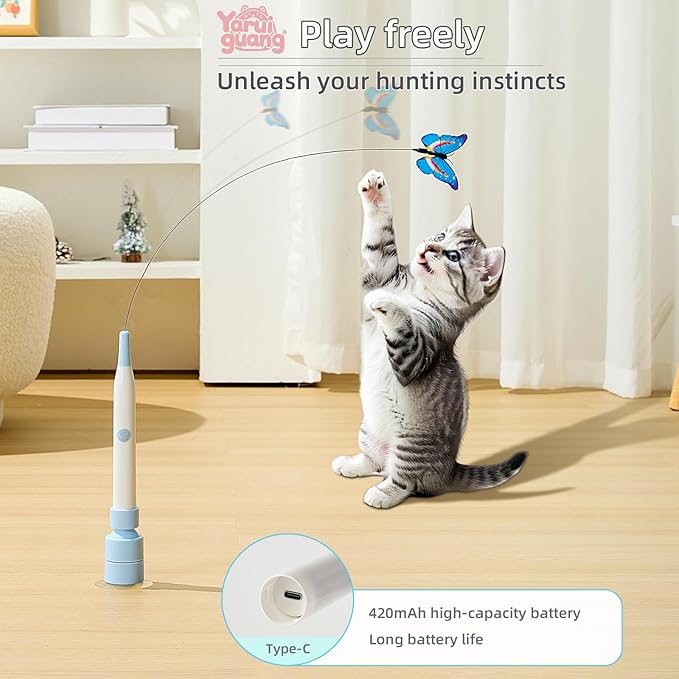 Electric Butterfly Cat Wand for Indoor Cats, 360 Spinning Self-Play with 2 Modes & Tap-to-Awake, Rechargeable Cleanable Suction Base, 3 Butterfly Refills, Interactive Cat Toy