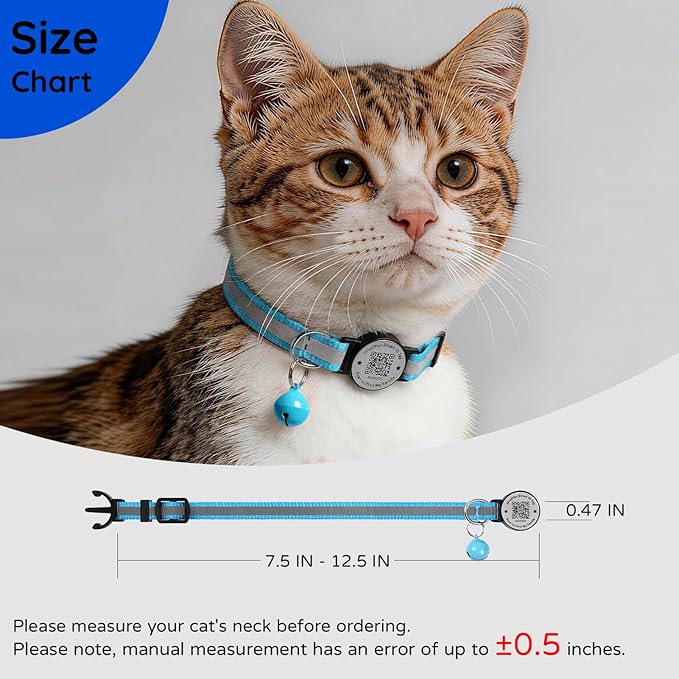 Breakaway Cat Collar with Safety Bell & Reflective Strips | QR Code ID Tag & Name Plate | Adjustable for Kittens Blue