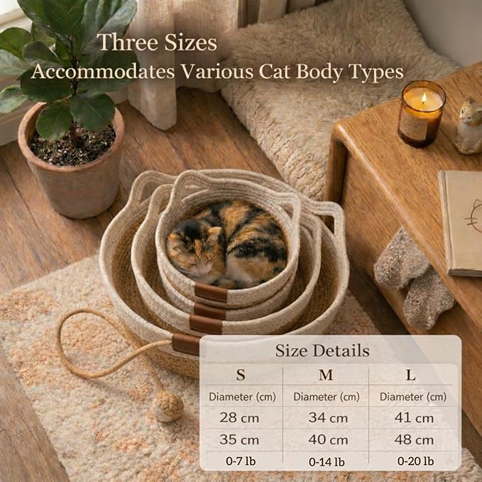 Interactive Cat Bed Basket Handwoven Cotton Rope Stimulicat Cat Basket with Toy Ball, Foldable Scratchable Instinct Basket for Cats & Kittens Stimuli Cat Basket Nest