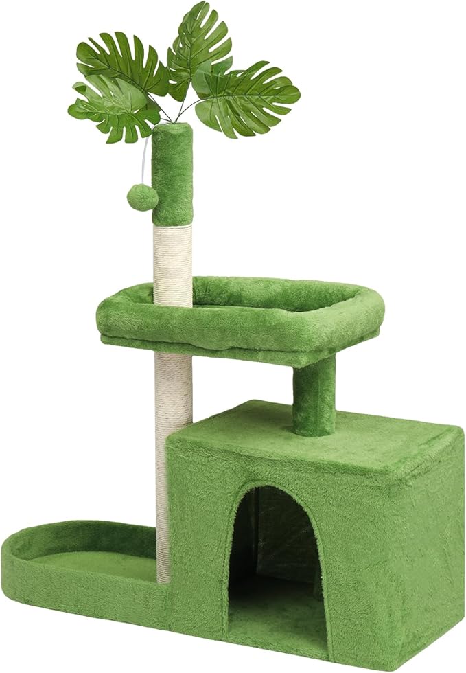 40in Cat Tree with Leaves, Multi-Level Cat Tower with Scratching Post, Cozy Condo & Padded Perch, Dangling Ball Toy for Kittens and Indoor Cats, Compact Cat Furniture for Small Spaces, Green
