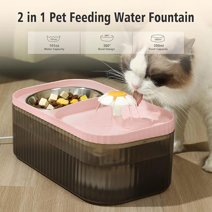 Cat Fountain Water Bowl Stainless Steel, 101oz/3L Automatic Pet Water Fountain, Dog Water Dispenser Cat Feeding Watering Supplies with 2 Filters for Cats, Dogs, Pets Pink