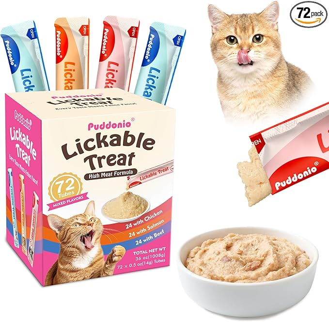 Lickable Cat Treats, High-Meat Puree, Grain & Gum Free, High Protein, No Additives, 0.5oz Tubes (Pack of 72)