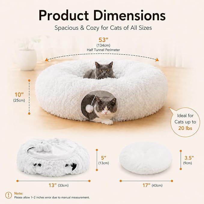 Feather Fluffy Plush Cat Tunnel Bed Big Tube Playground Toys 3 FT Diameter Longer Collapsible, for Indoor Cat Kitty Kitten Puppy Rabbit Ferret Snow White