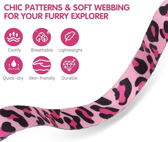 BINGPET Cat Harness with Airtag Holder, Cat Harness and Leash Set Escape Proof for Walking Travel Outdoor, Soft Adjustable Kitten Harnesses for Small Medium Large Cats, Pink Leopard(Chest:12.5"-18")