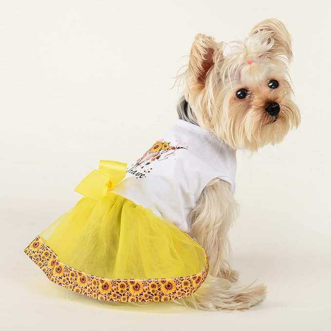 Sunflower Lace Dog Dress - Cute Tutu Outfit for Small Medium Dogs and Cats - Yellow, XS, Sunflower Yellow