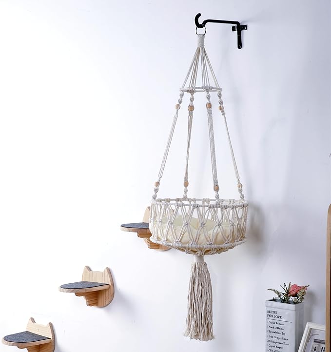 SHENGOCASE Macrame Cat Hammock with Wall Hook and 3 Steps, Wall Mounted Hanging Bed, Indoor Cat Furniture