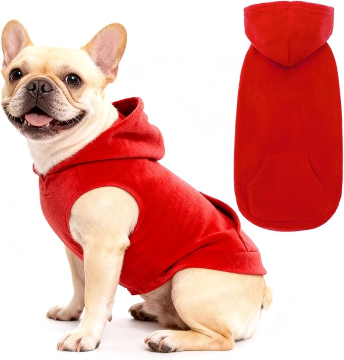 EXPAWLORER Dog Hoodie Fleece Sweater Vest, Hooded Dog Sweatshirt Fall Winter Pet Clothes with Leash Ring, Sleeveless Warm Cozy Puppy Clothing for Cat Small Medium Large Dogs Girl Boy, Red S
