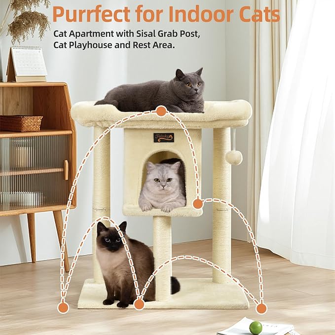 Cat Tree Tower Scratching Post for Indoor Large Cats, Small Cat Tree with Big Perch Bed, 28in Tall Trees House with Condo Cave, Toy Balls, Modern Climbing Furniture Platform for Kitten (Beige)