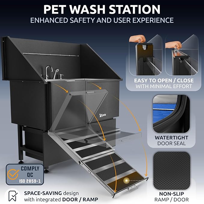 KANIS Professional Dog Washing Station 304 Stainless Steel Pet Wash Sink & Grooming Bathtub w/Shower, Floor Grates and Storage for Large, Medium & Small Pets (Black, 50 Inches, Left Ramp, 2 Drawers)