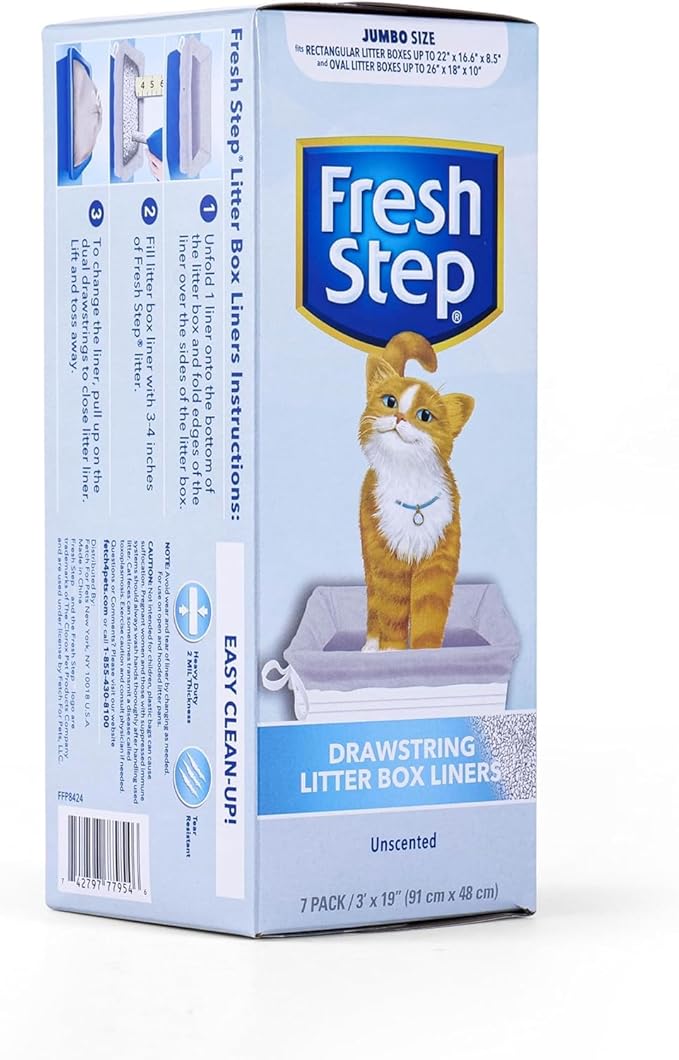 Fresh Step Jumbo Drawstring Cat Litter Box Liners, Unscented Heavy Duty Kitty Litter Bags for X-Large Oval or Rectangle Pans, Helps Contain Mess, Easy Lift Out Cleanup, 36 x 19 in, 7 Count - 36 Pack