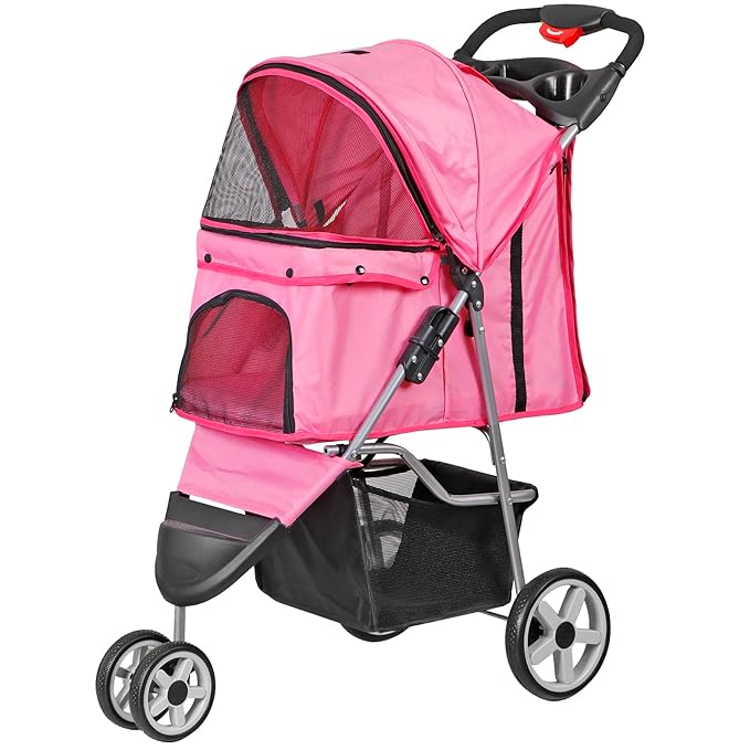 JungleA Foldable Pet Stroller for Cats Dogs,3 Wheel Jogger Stroller for Small to Medium Pets,Lightweight & Portable & Durable with Weather Cover, Storage Basket and Cup Holder,Pink