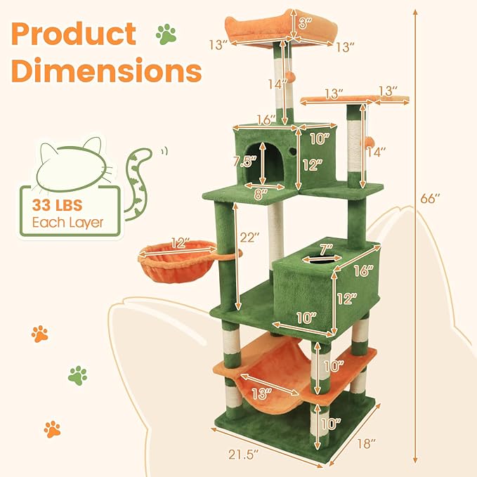Tangkula 66 Inch Tall Cat Tree, Multi-Level Cat Tower with Sisal Scratching Posts, 2 Condos, Plush Perch, Hammock, Basket, Dangling Toys, Cat Climbing Furniture for Indoor Cats (Green+Orange)